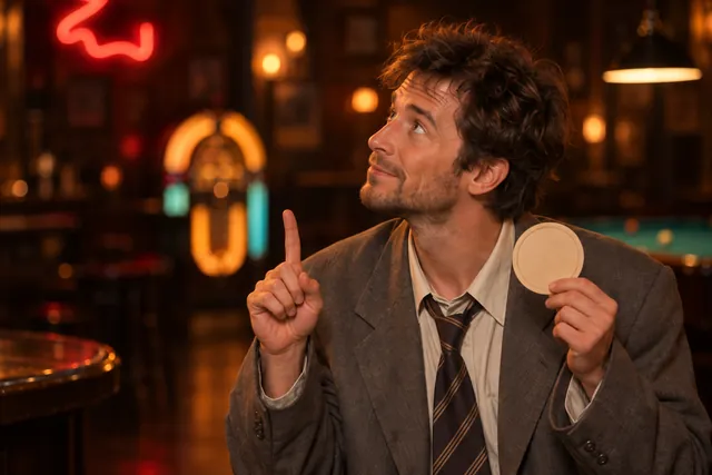 Bingley in a baggy gray suit, one finger raised, holding up a beer coaster as evidence.