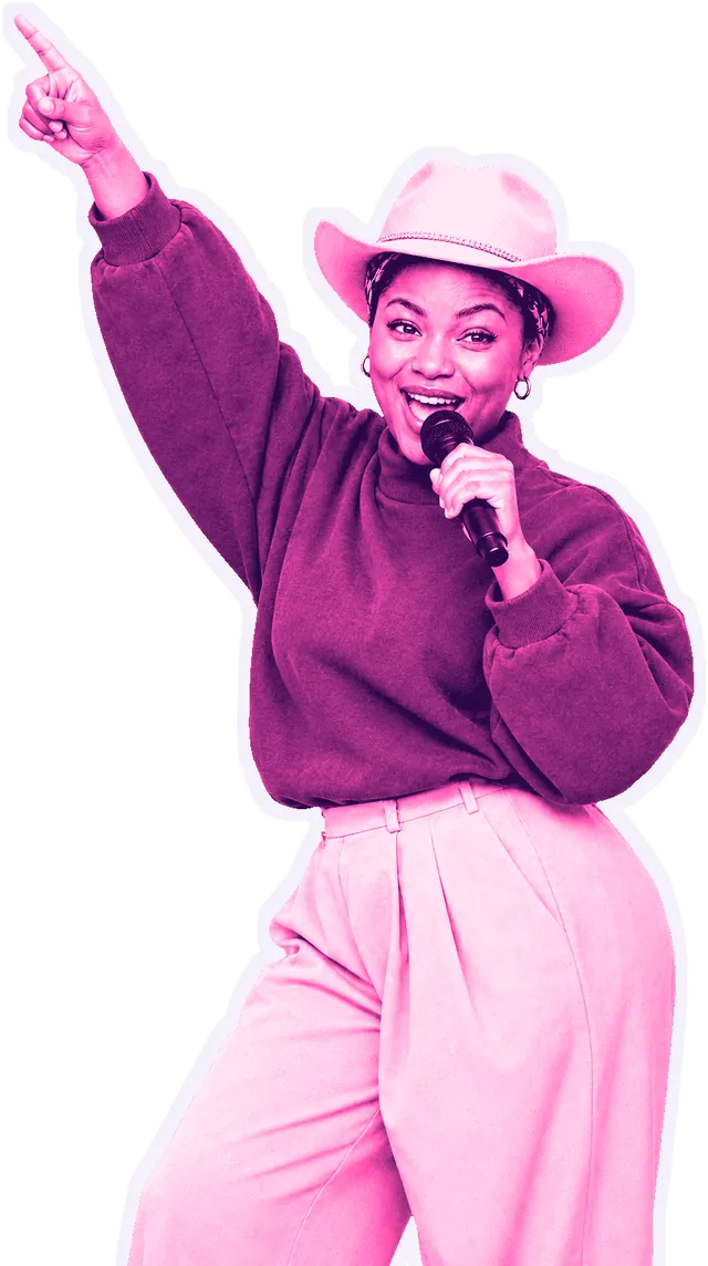 MC Bella pointing at the ceiling, microphone in hand, calling a dance break