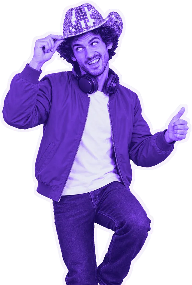 DJ Bingley tipping his mirror-ball hat, one knee up, thumbs up