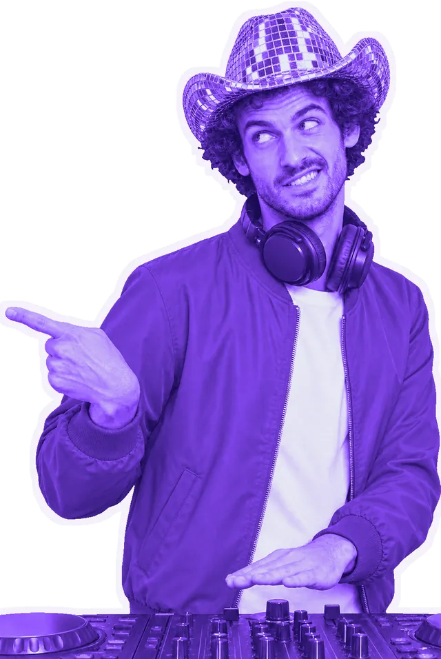 DJ Bingley in a mirror-ball cowboy hat, pointing from behind the turntables.