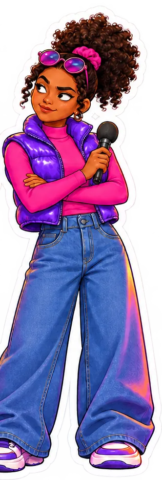 Bella with her arms crossed and a microphone, one eyebrow raised