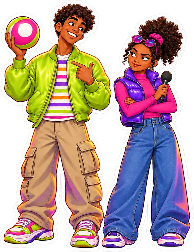 Bingley holding up a bingo ball and Bella with her microphone, drawn as party stickers
