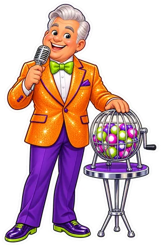 The announcer in a sparkly orange jacket with his hand on the ball machine