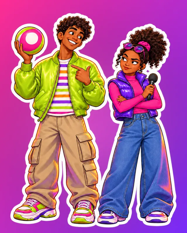 Bingley and Bella from the kids' party show, drawn as stickers: Bingley holds up a bingo ball, Bella holds a microphone.
