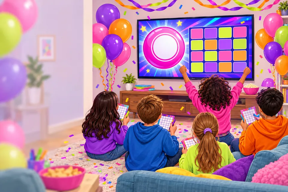 Cartoon kids seen from behind, cheering at a bingo game on the living room TV