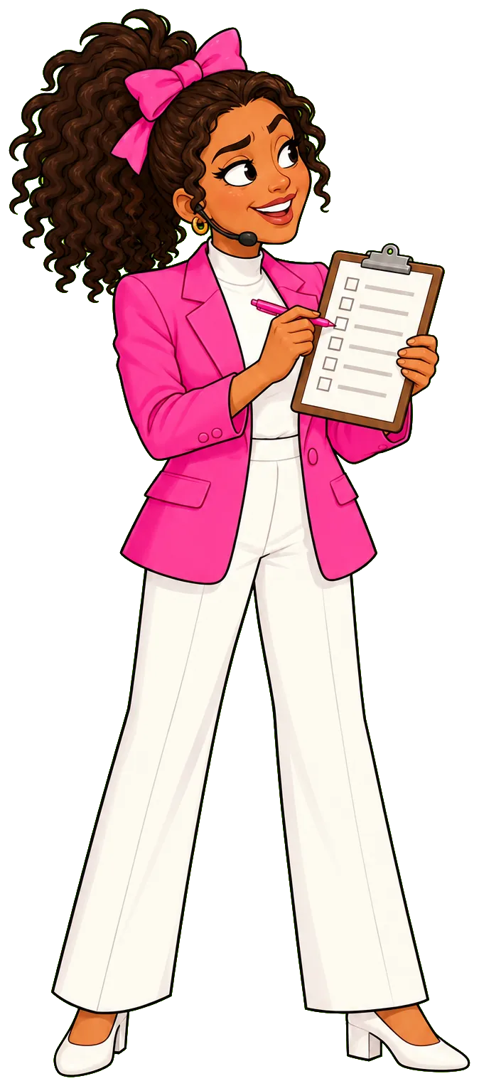 Bella checks off a line on her clipboard.