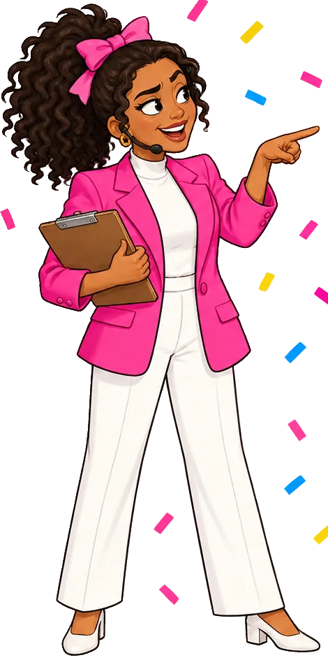Bella in her hot pink blazer and headset, clipboard under her arm.
