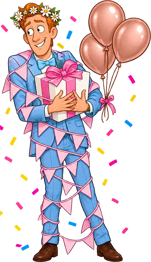 Bingley in a light blue suit and daisy crown, tangled in bunting, holding a gift.