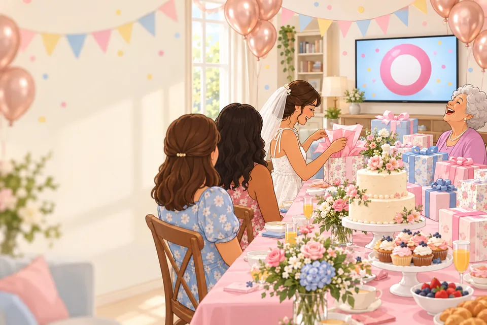 A bridal shower table with cake and wrapped gifts; the bride and her grandmother laugh together.