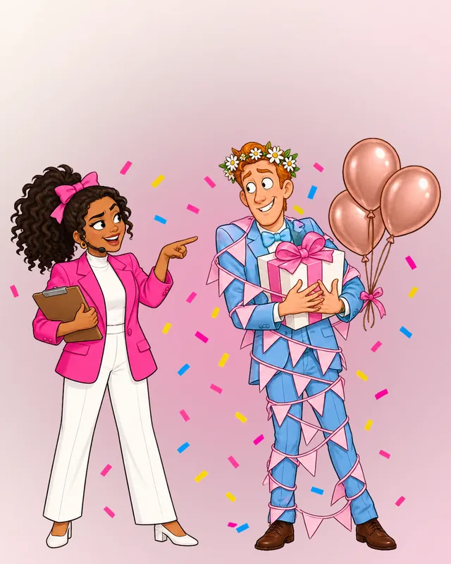 Maid of honor Bella with a clipboard, and Bingley tangled in pink bunting, hugging a gift with balloons tied to his wrist.